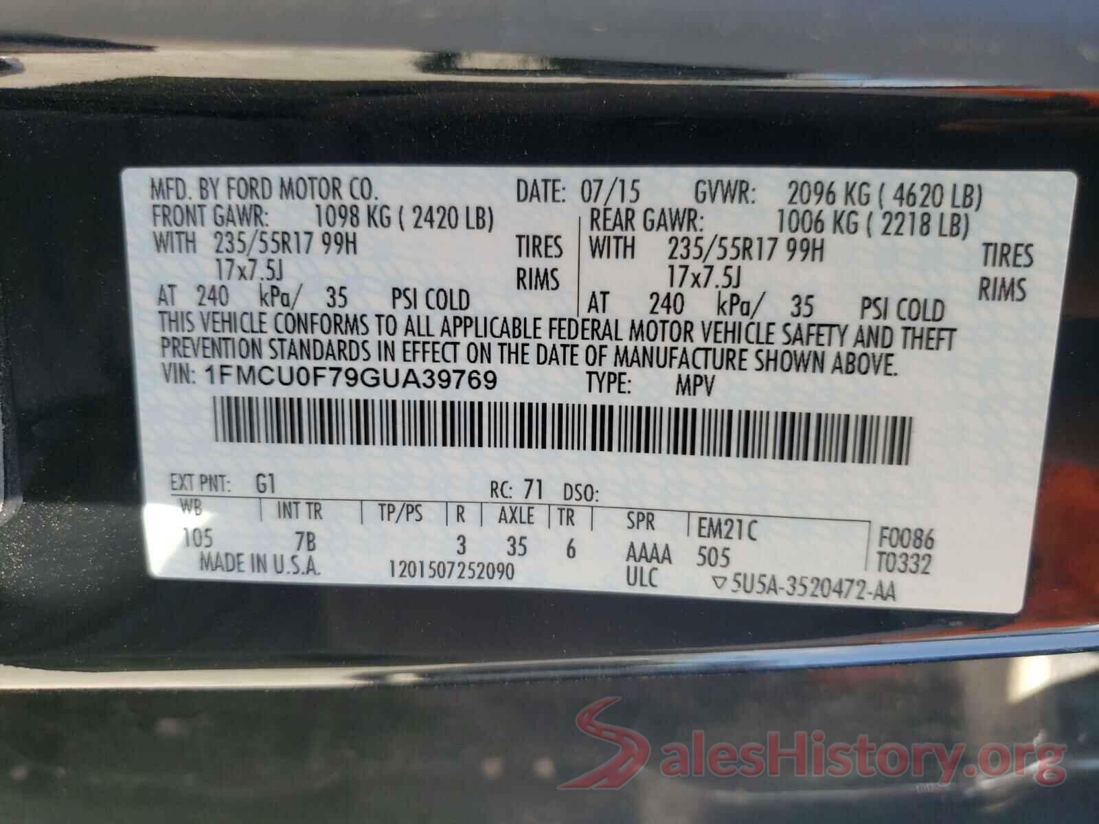 1FMCU0F79GUA39769 2016 FORD ESCAPE