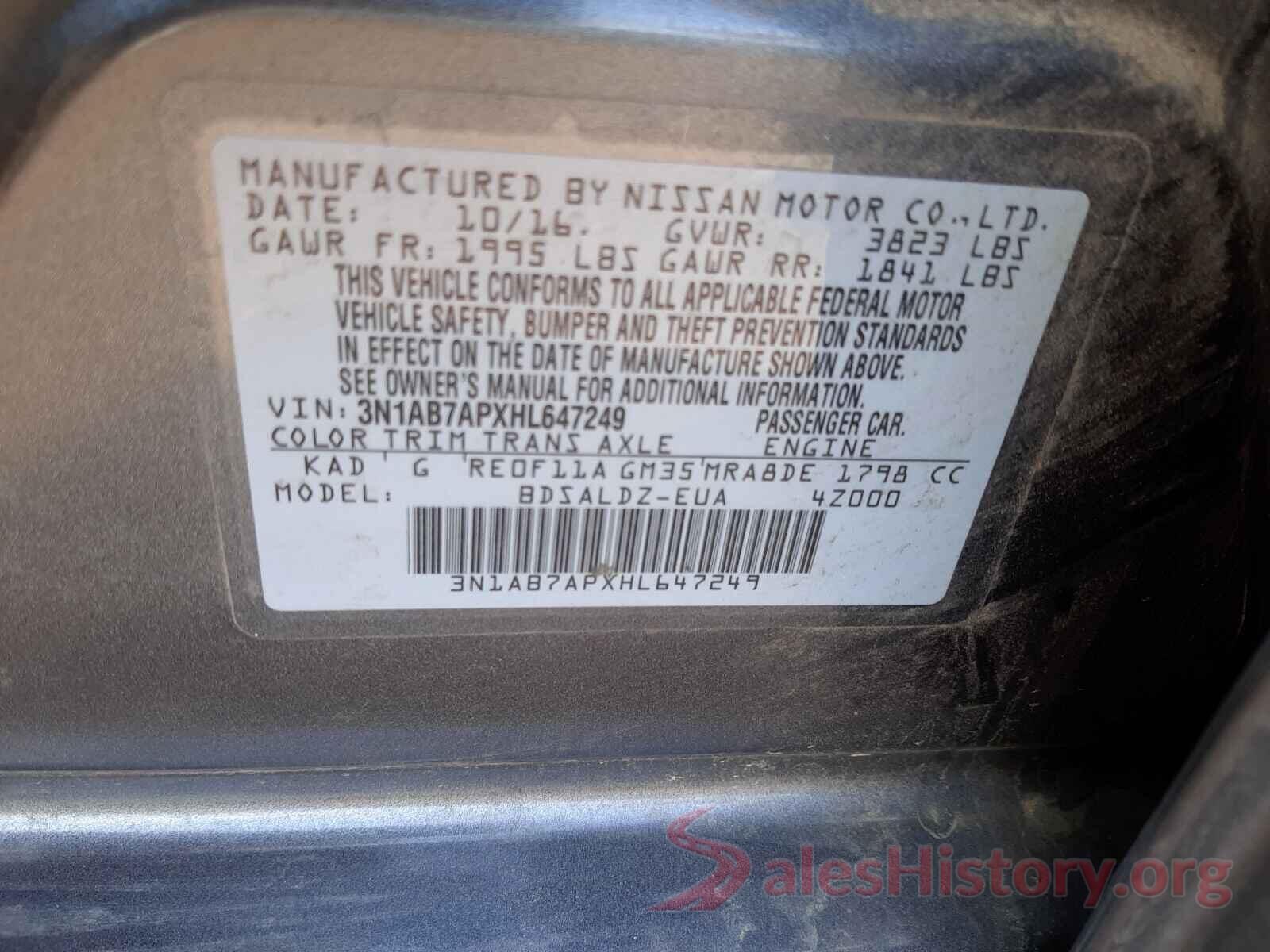 3N1AB7APXHL647249 2017 NISSAN SENTRA