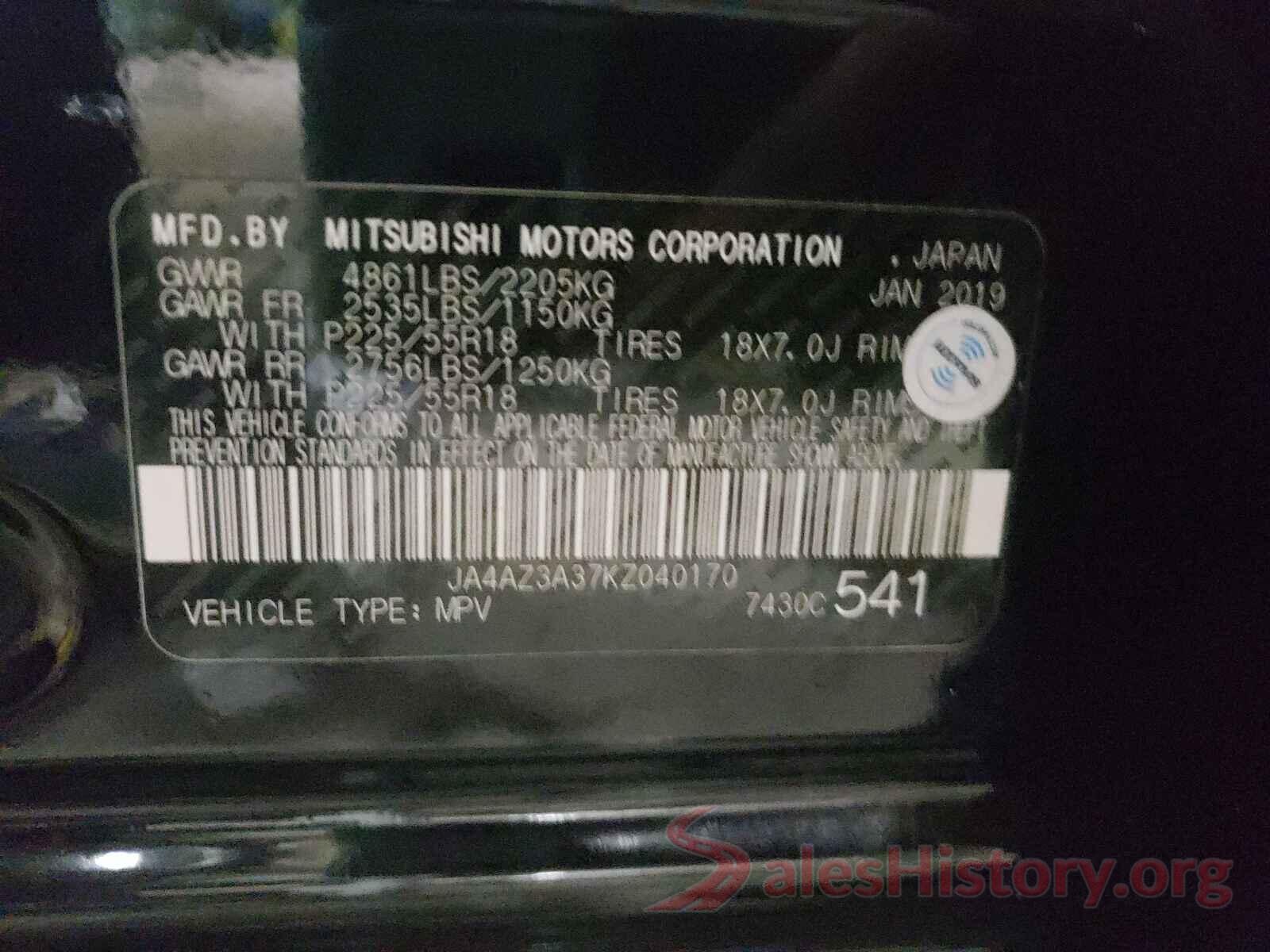 JA4AZ3A37KZ040170 2019 MITSUBISHI OUTLANDER