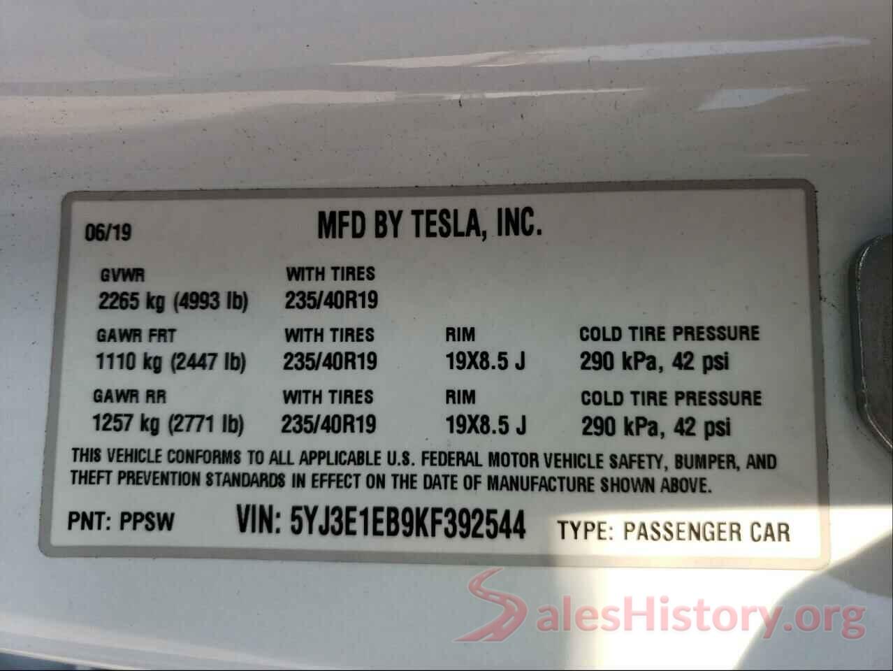 5YJ3E1EB9KF392544 2019 TESLA MODEL 3