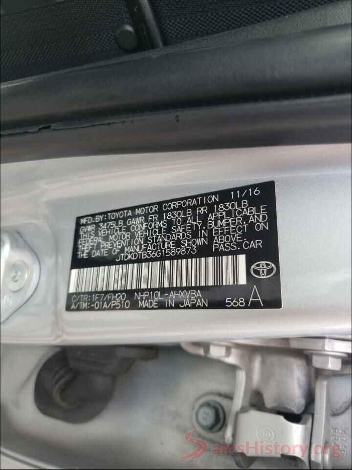 JTDKDTB36G1589873 2016 TOYOTA PRIUS