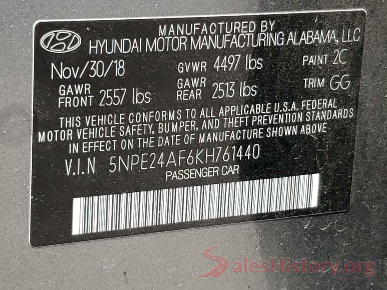 5NPE24AF6KH761440 2019 HYUNDAI SONATA