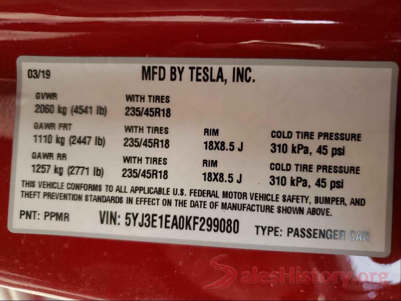 5YJ3E1EA0KF299080 2019 TESLA MODEL 3