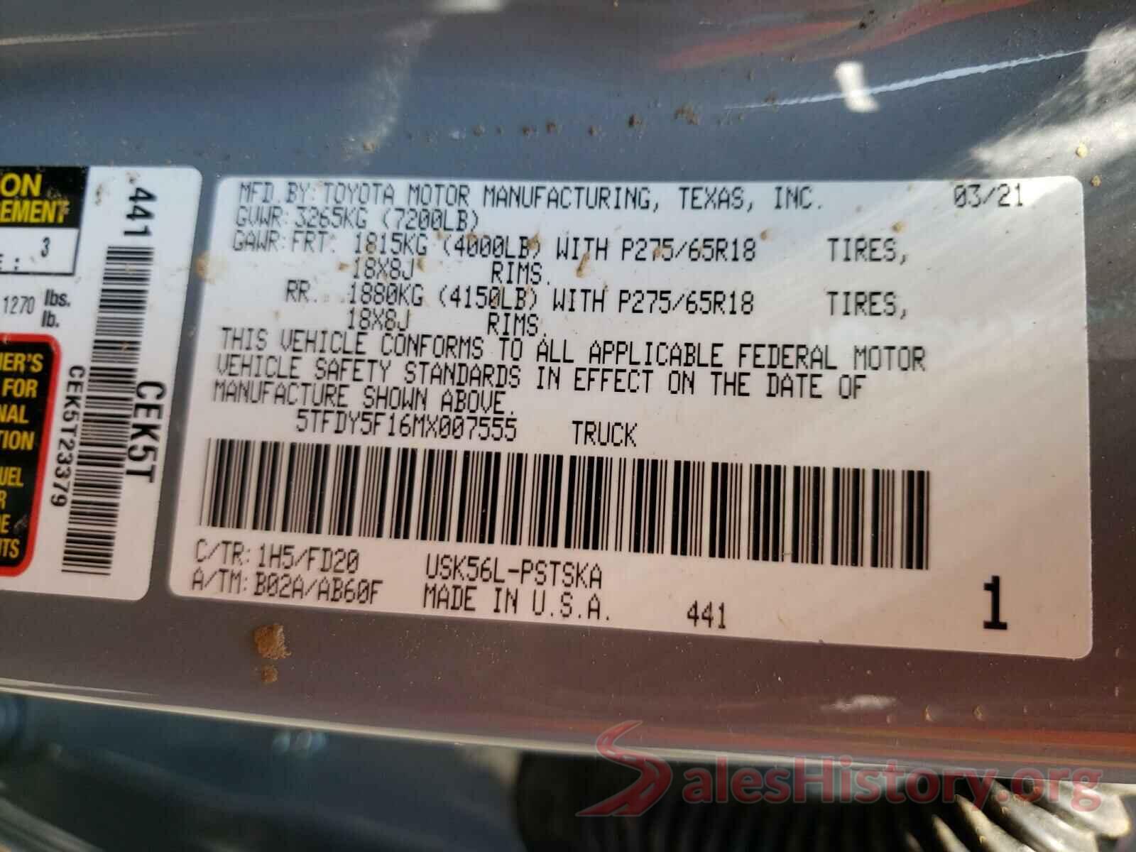 5TFDY5F16MX007555 2021 TOYOTA TUNDRA