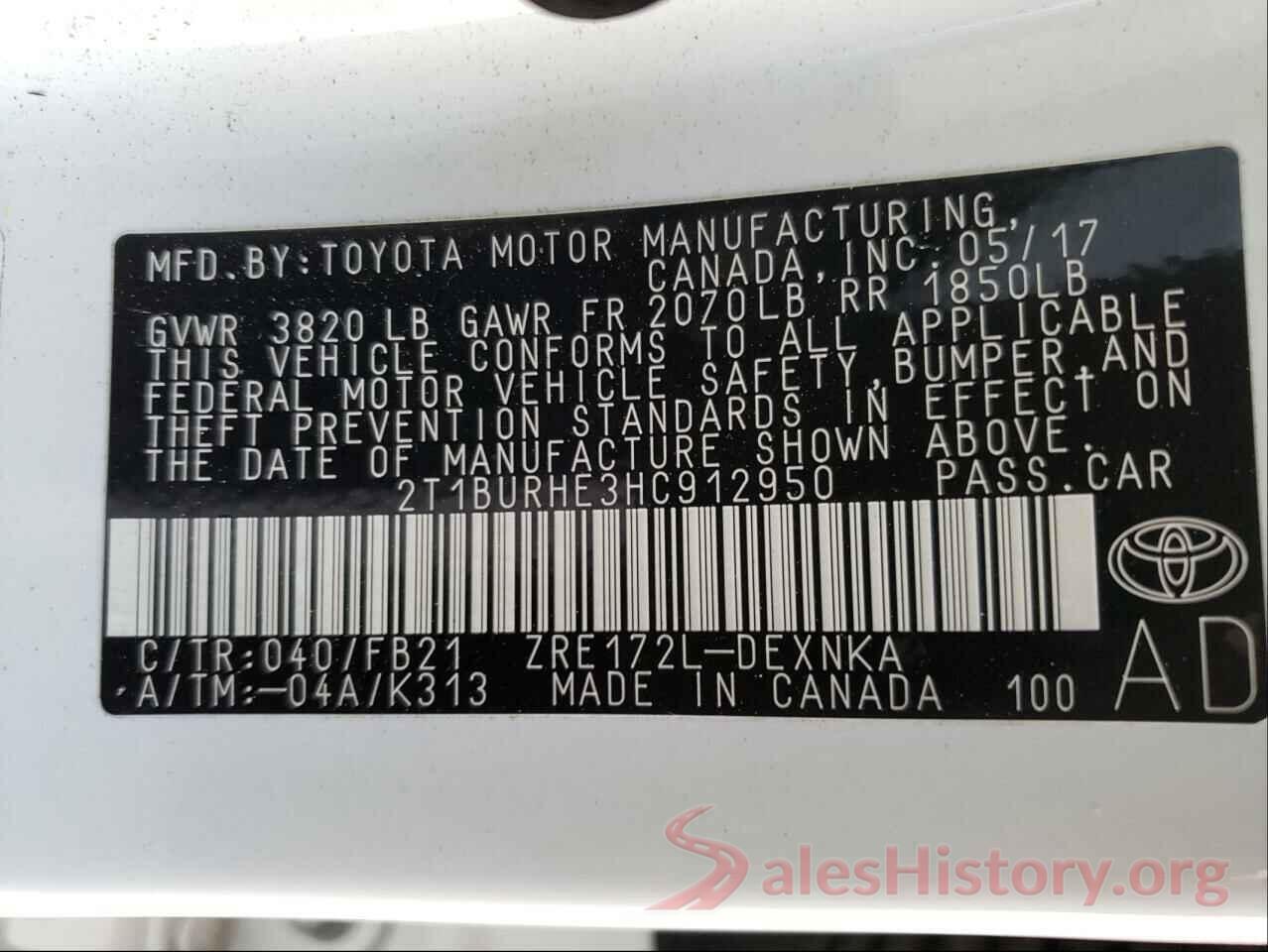 2T1BURHE3HC912950 2017 TOYOTA COROLLA