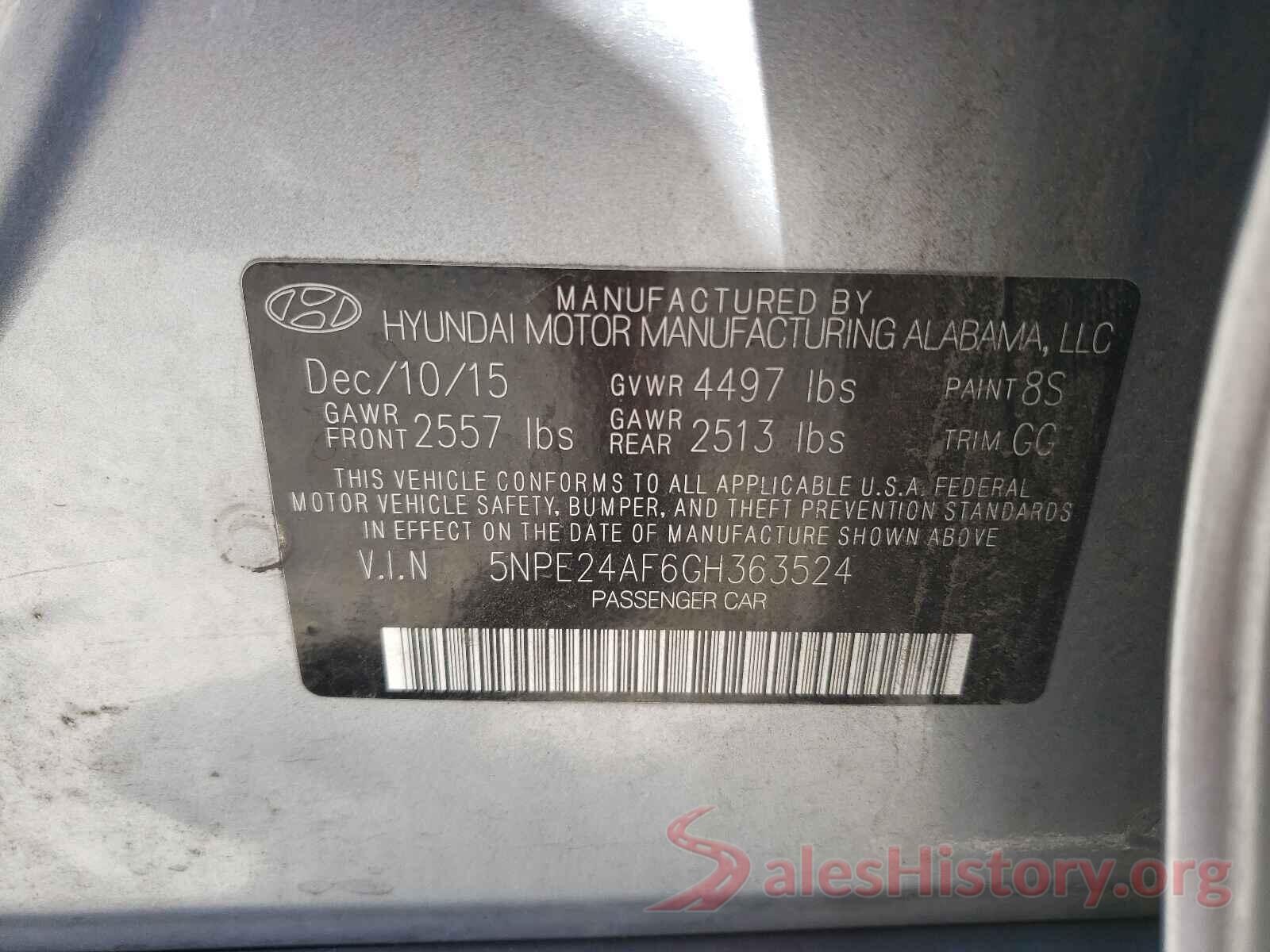 5NPE24AF6GH363524 2016 HYUNDAI SONATA