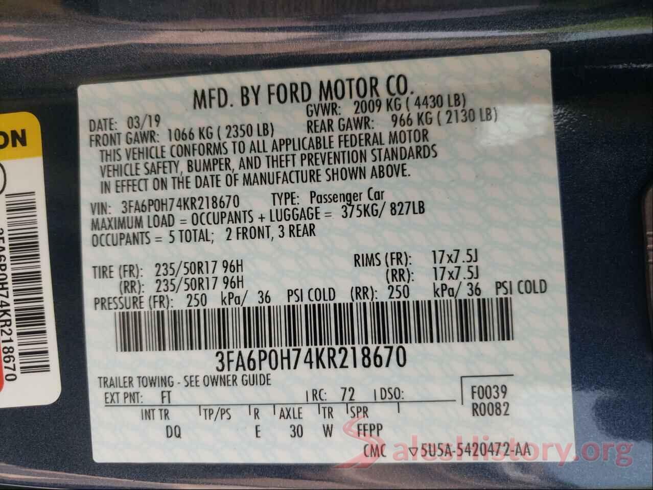 3FA6P0H74KR218670 2019 FORD FUSION