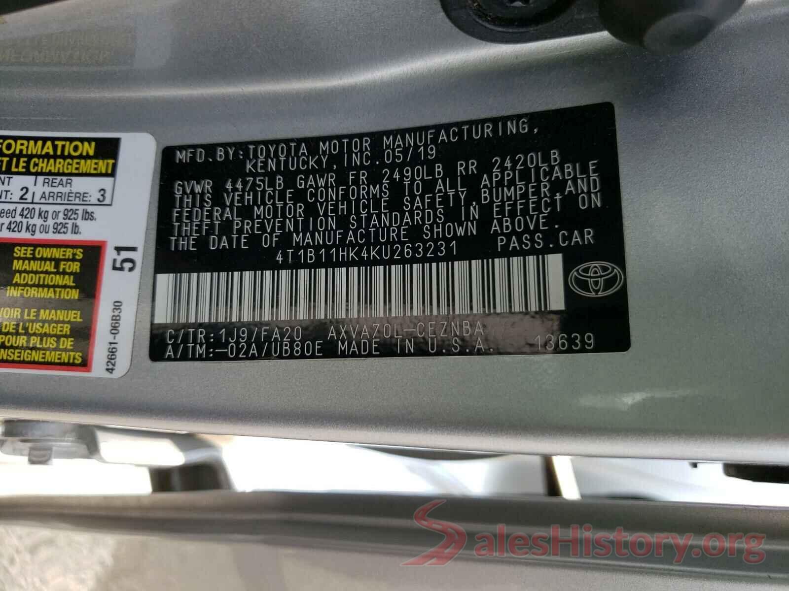 4T1B11HK4KU263231 2019 TOYOTA CAMRY