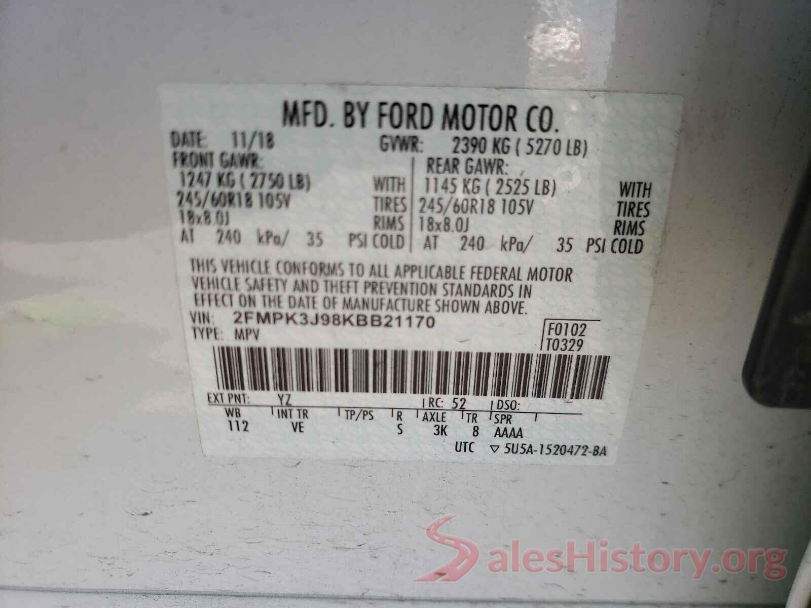 2FMPK3J98KBB21170 2019 FORD EDGE