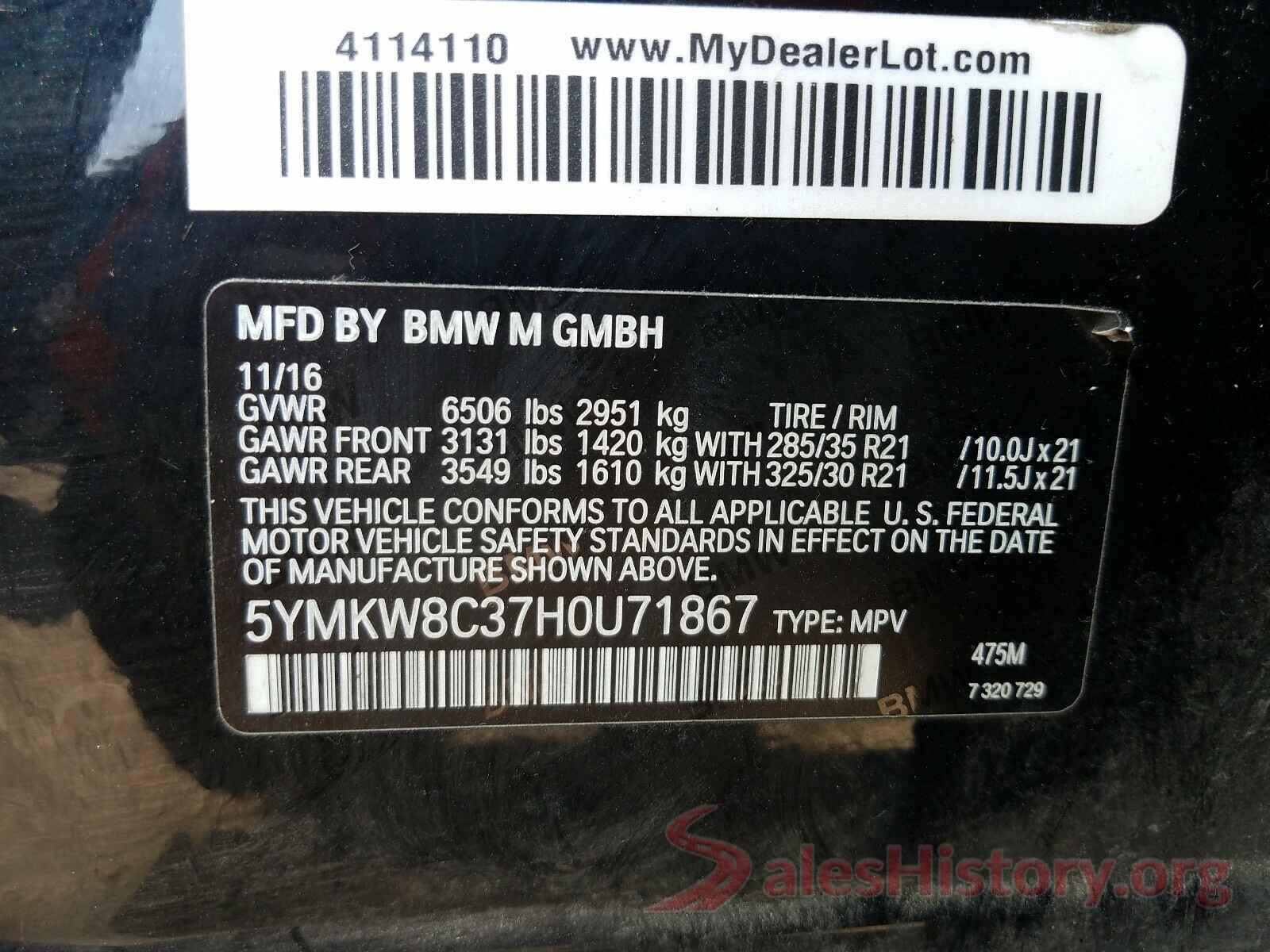 5YMKW8C37H0U71867 2017 BMW X6