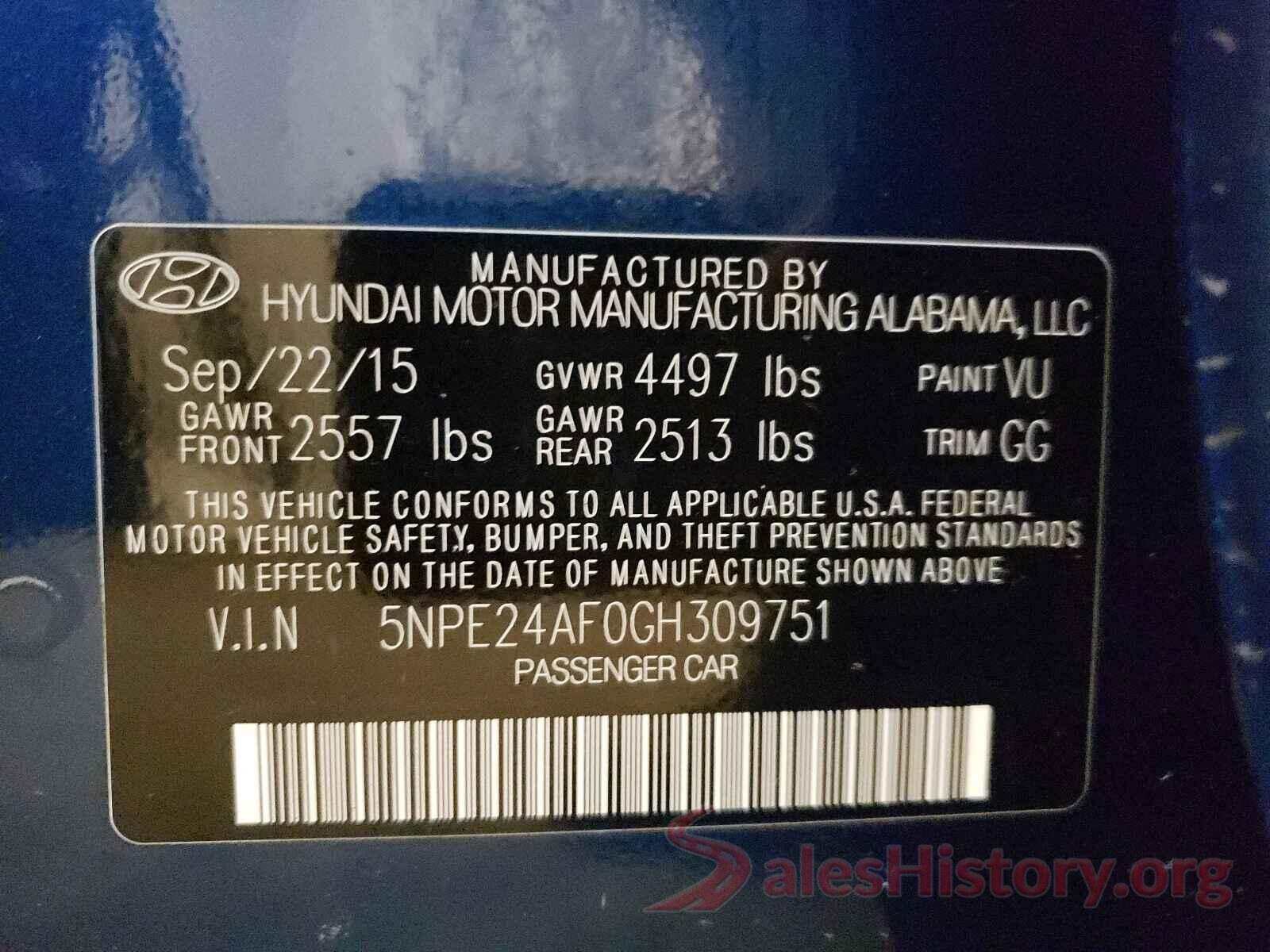 5NPE24AF0GH309751 2016 HYUNDAI SONATA