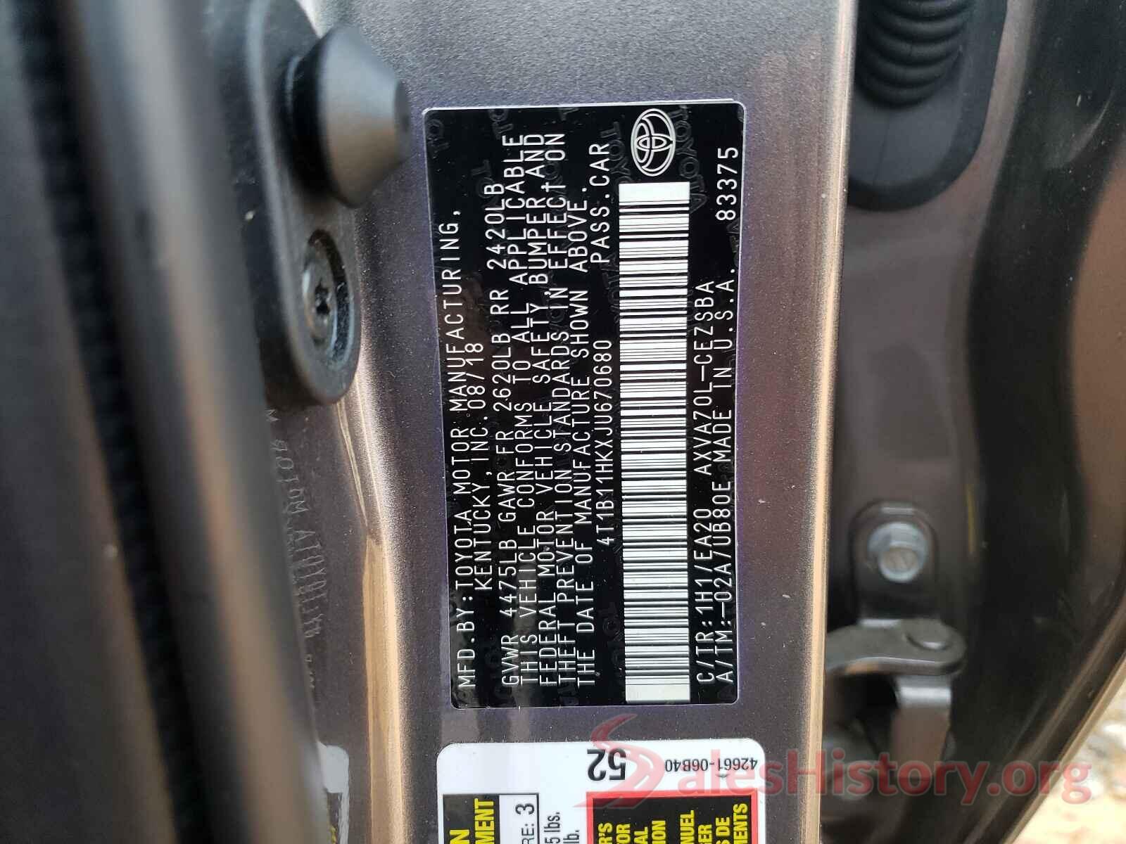 4T1B11HKXJU670680 2018 TOYOTA CAMRY