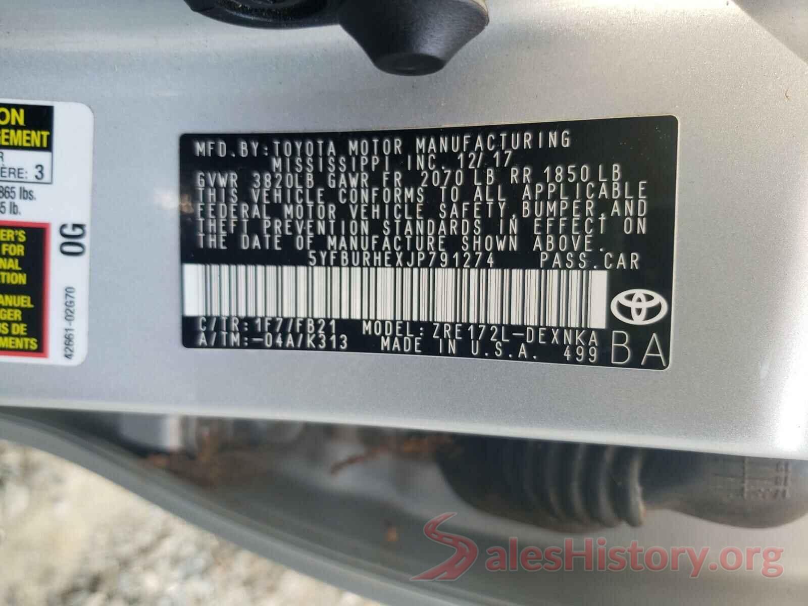 5YFBURHEXJP791274 2018 TOYOTA COROLLA