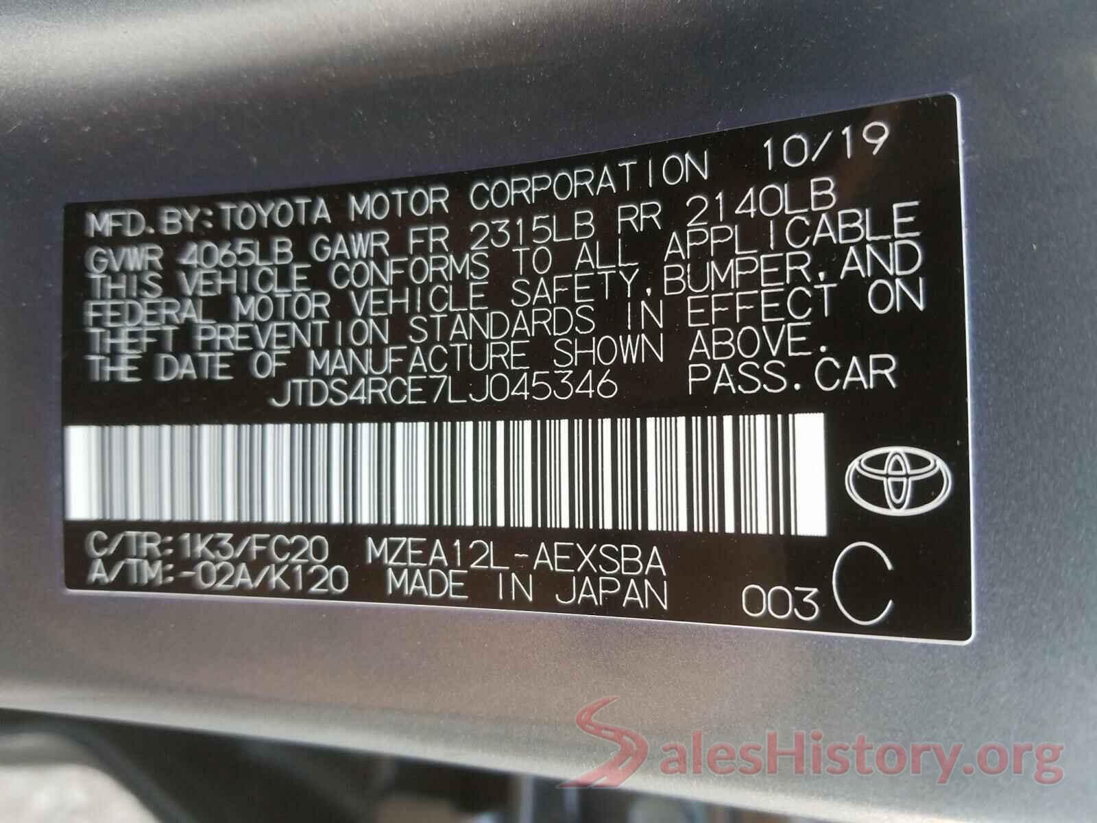 JTDS4RCE7LJ045346 2020 TOYOTA COROLLA