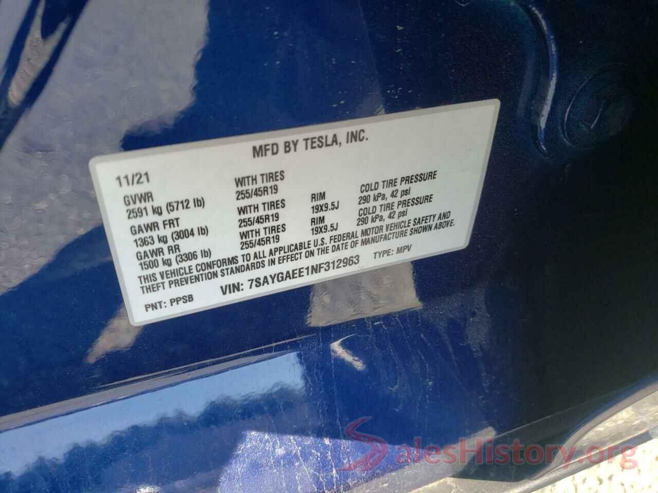 7SAYGAEE1NF312963 2022 TESLA MODEL Y