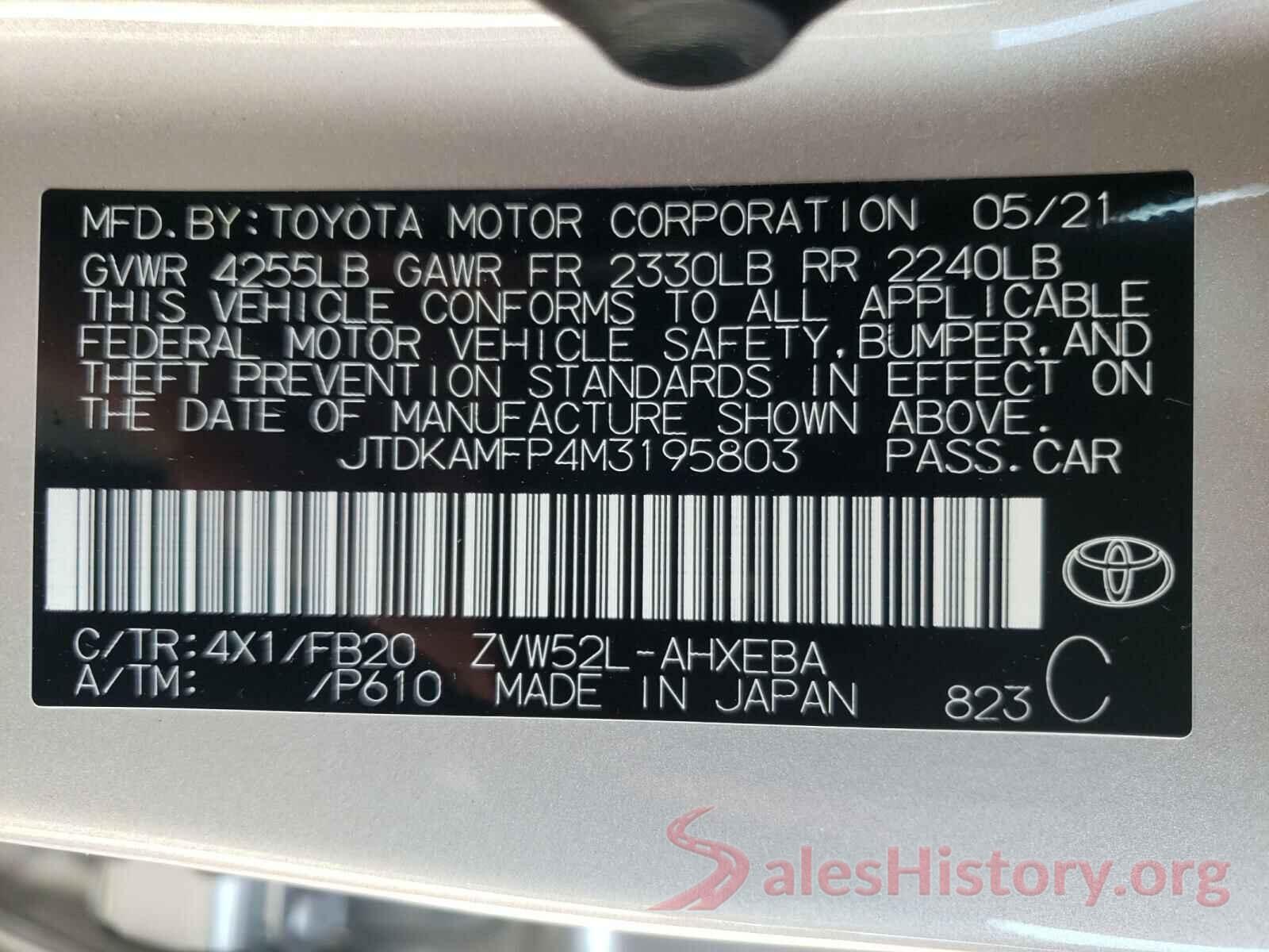 JTDKAMFP4M3195803 2021 TOYOTA PRIUS