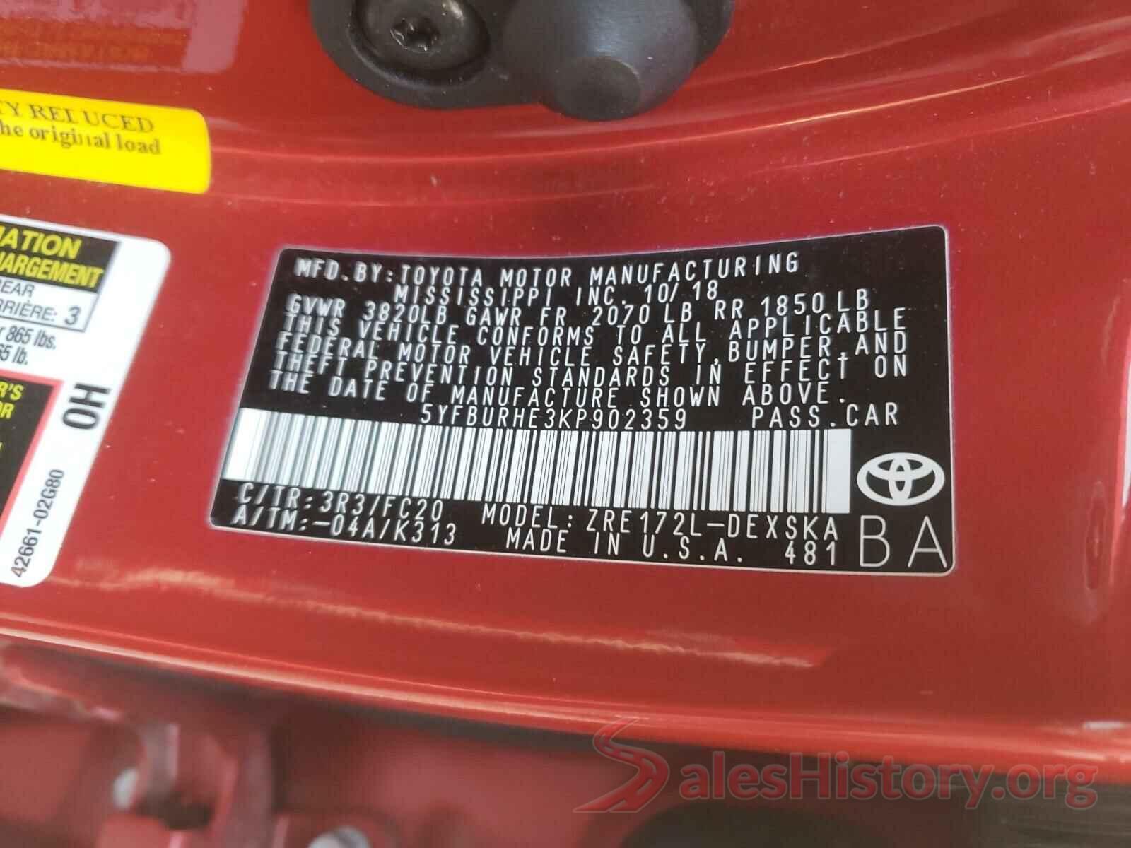 5YFBURHE3KP902359 2019 TOYOTA COROLLA