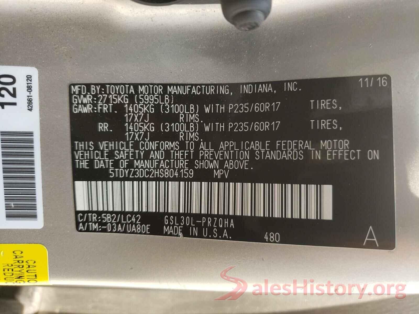 5TDYZ3DC2HS804159 2017 TOYOTA SIENNA