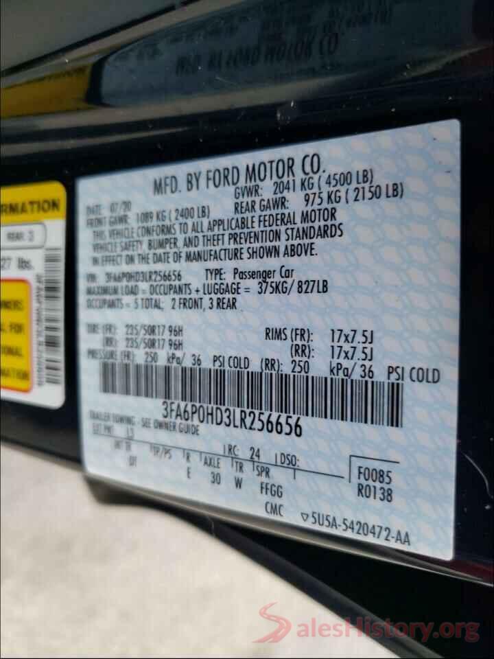 3FA6P0HD3LR256656 2020 FORD FUSION