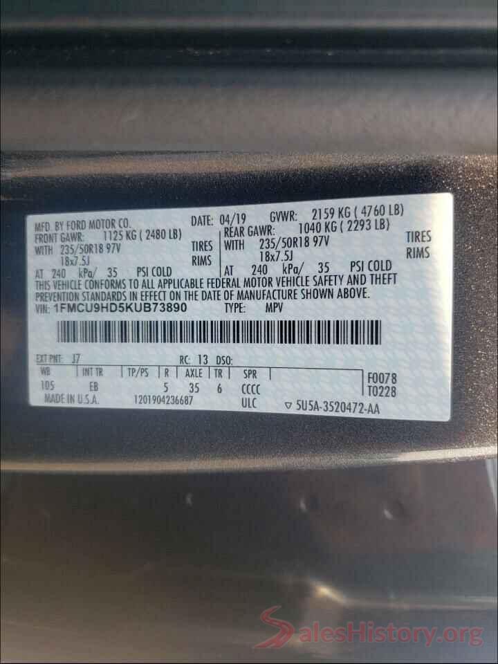 1FMCU9HD5KUB73890 2019 FORD ESCAPE