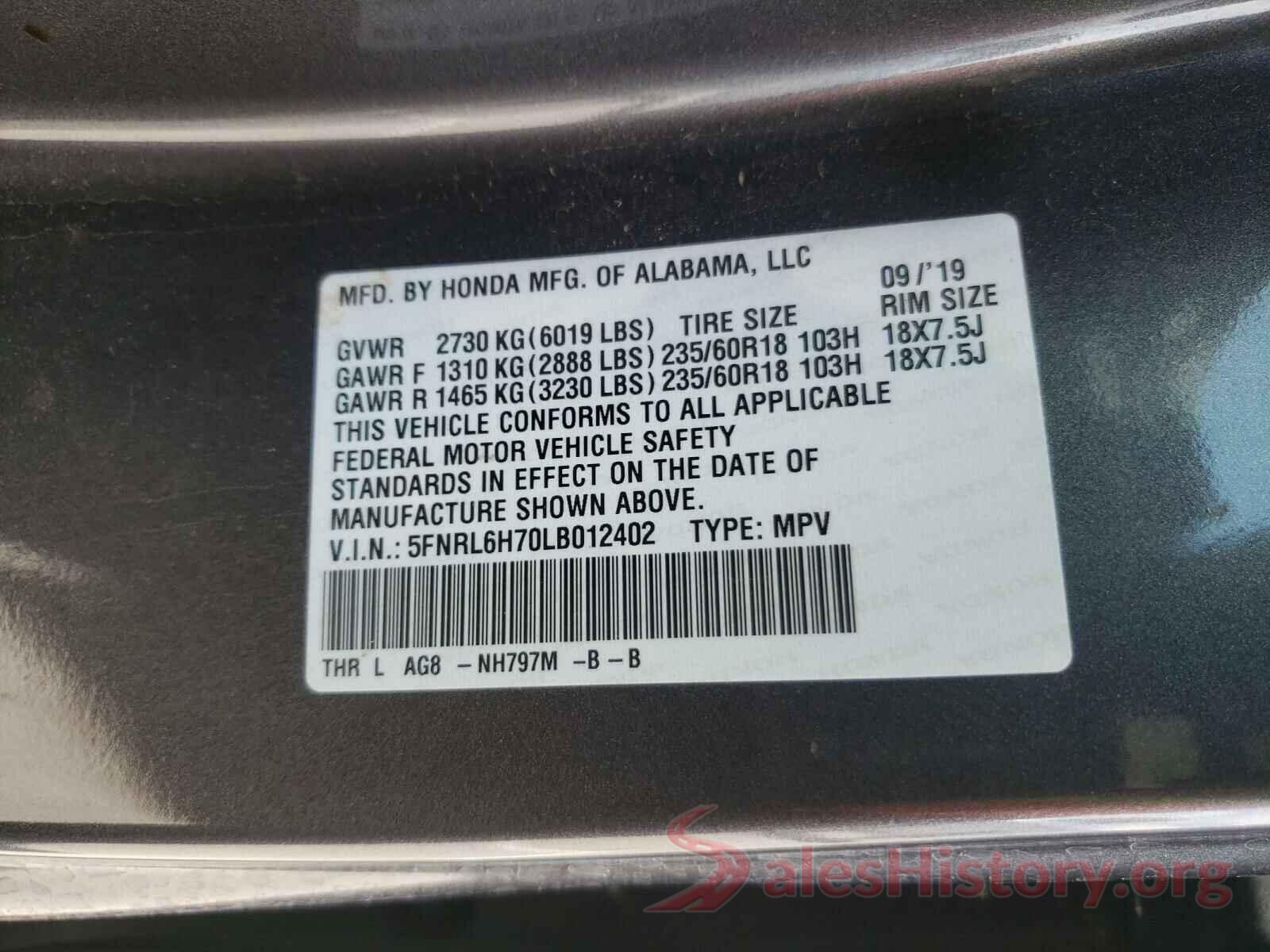 5FNRL6H70LB012402 2020 HONDA ODYSSEY