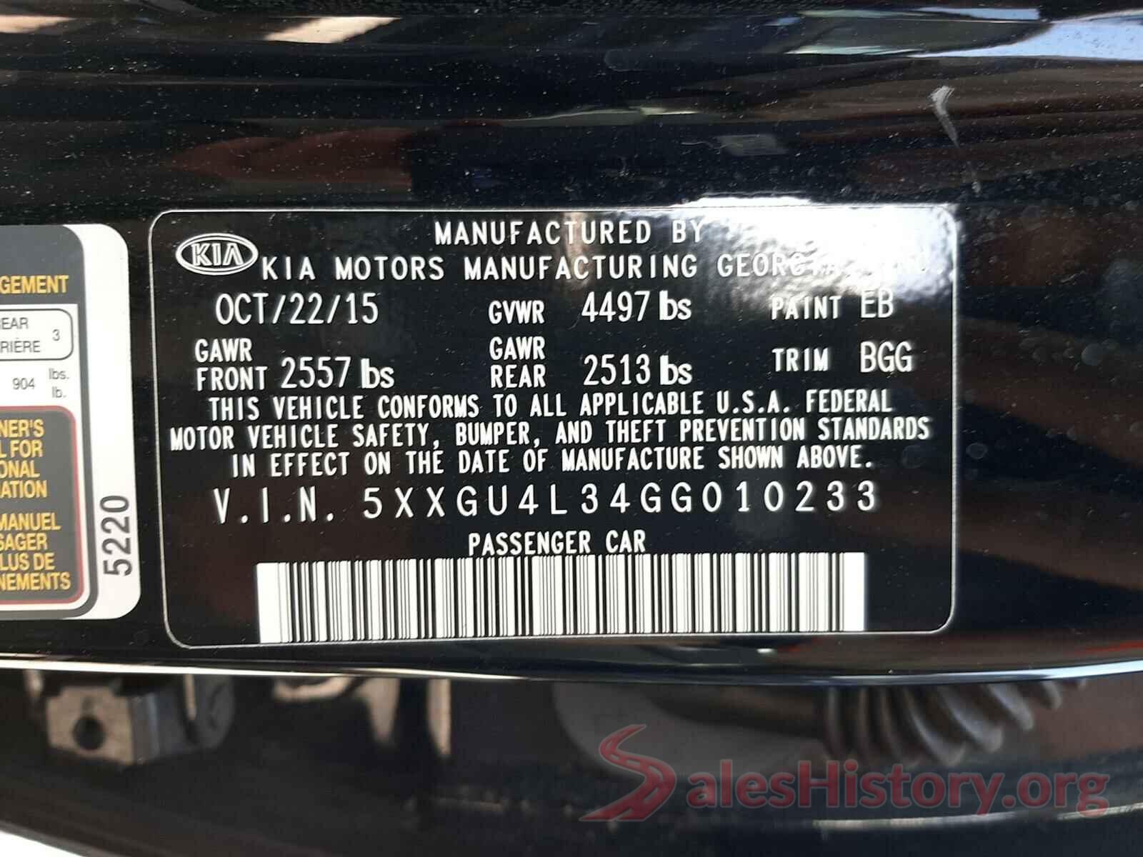 5XXGU4L34GG010233 2016 KIA OPTIMA