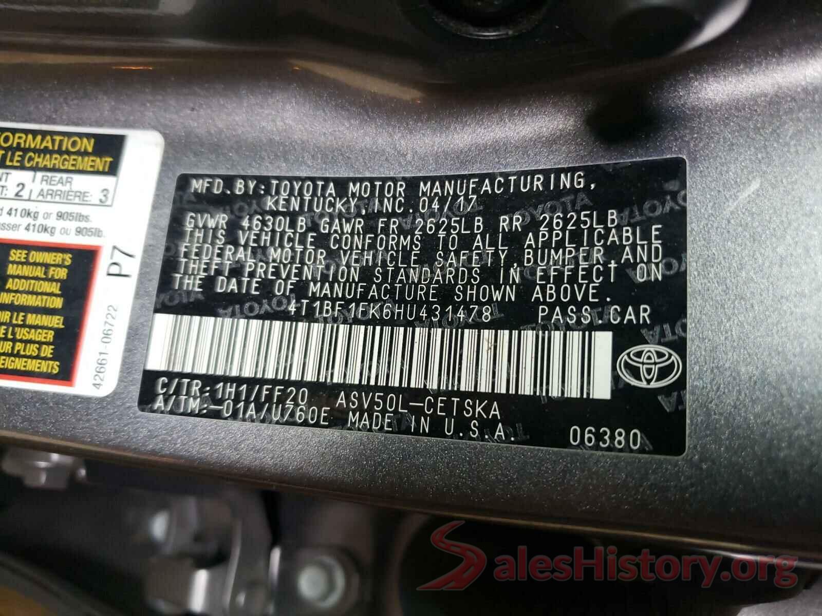 4T1BF1FK6HU431478 2017 TOYOTA CAMRY