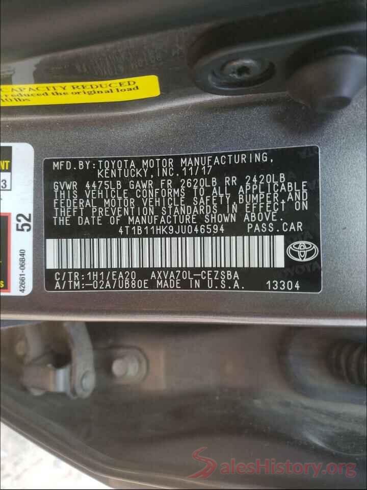 4T1B11HK9JU046594 2018 TOYOTA CAMRY