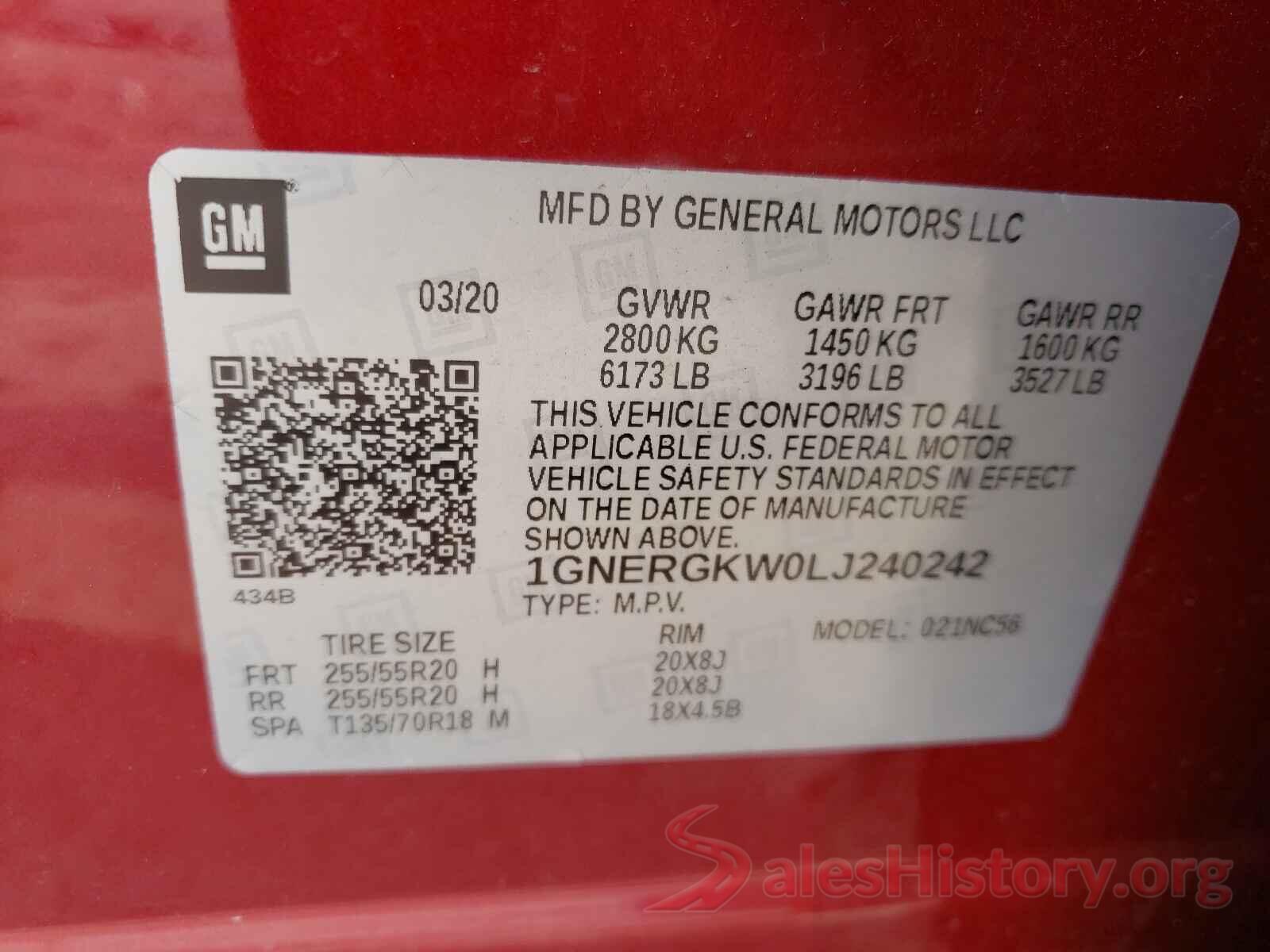 1GNERGKW0LJ240242 2020 CHEVROLET TRAVERSE