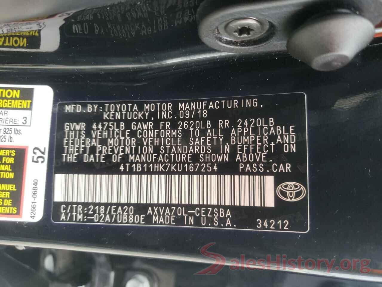 4T1B11HK7KU167254 2019 TOYOTA CAMRY