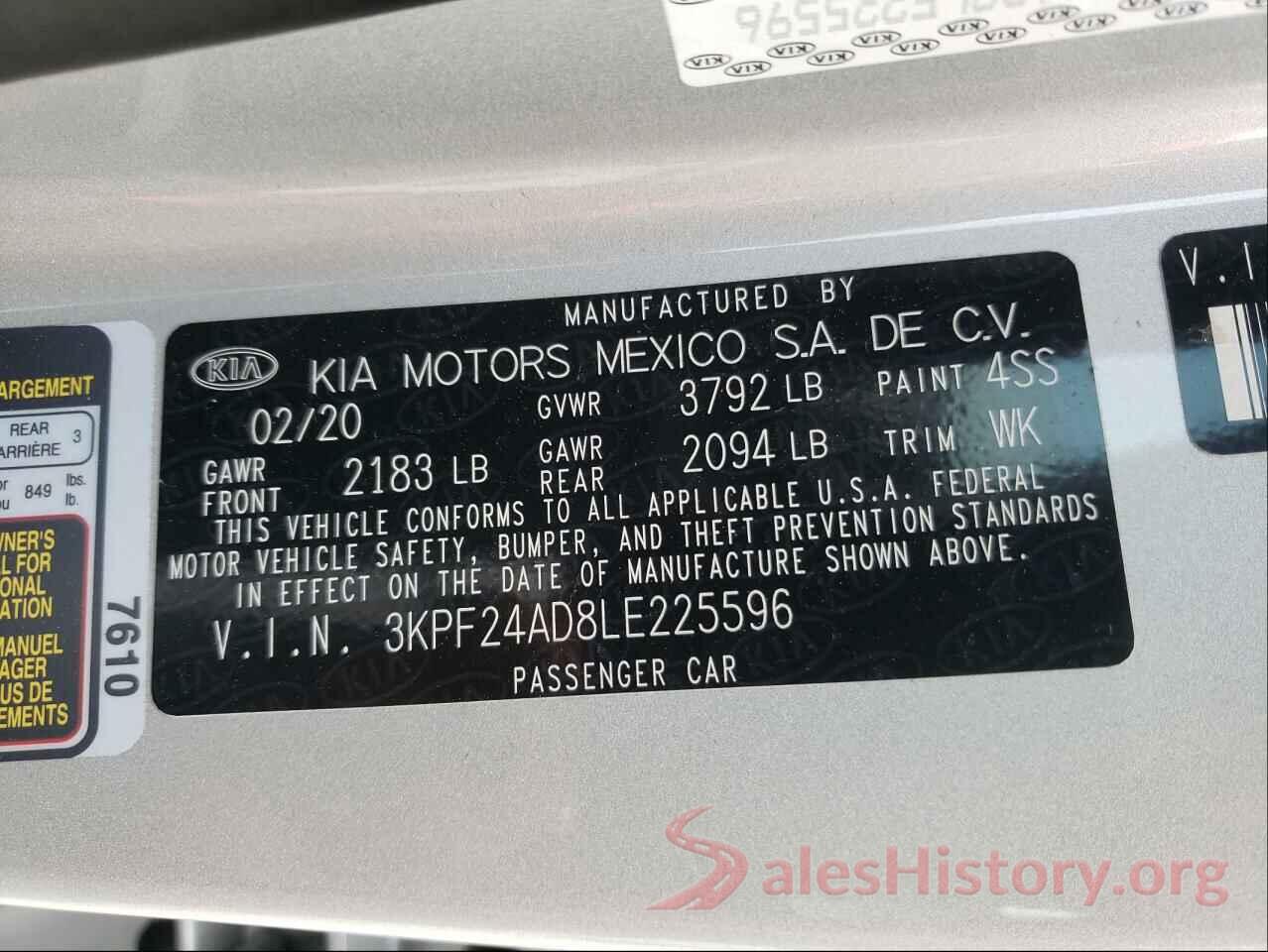 3KPF24AD8LE225596 2020 KIA FORTE