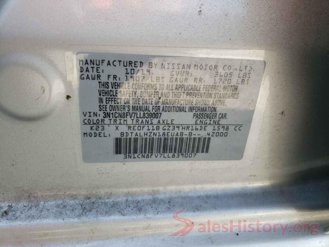 3N1CN8FV7LL839007 2020 NISSAN VERSA