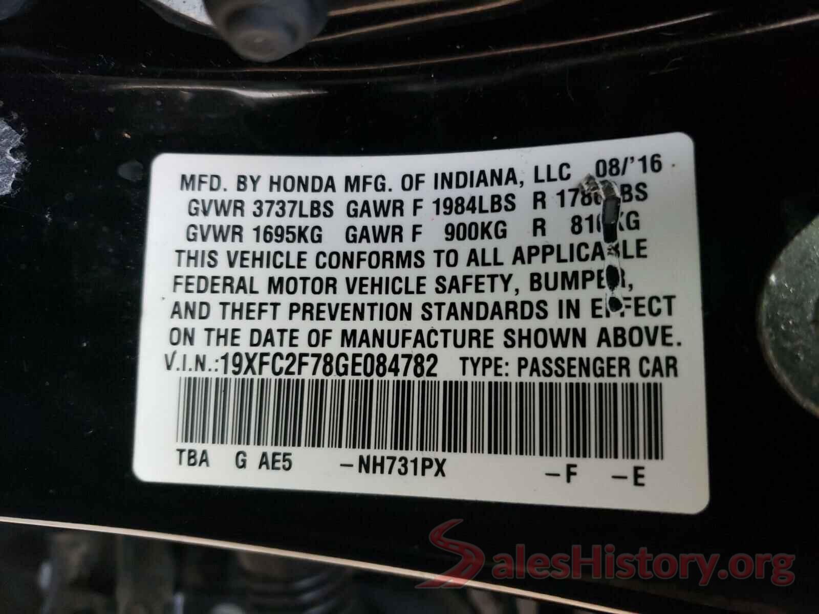 19XFC2F78GE084782 2016 HONDA CIVIC