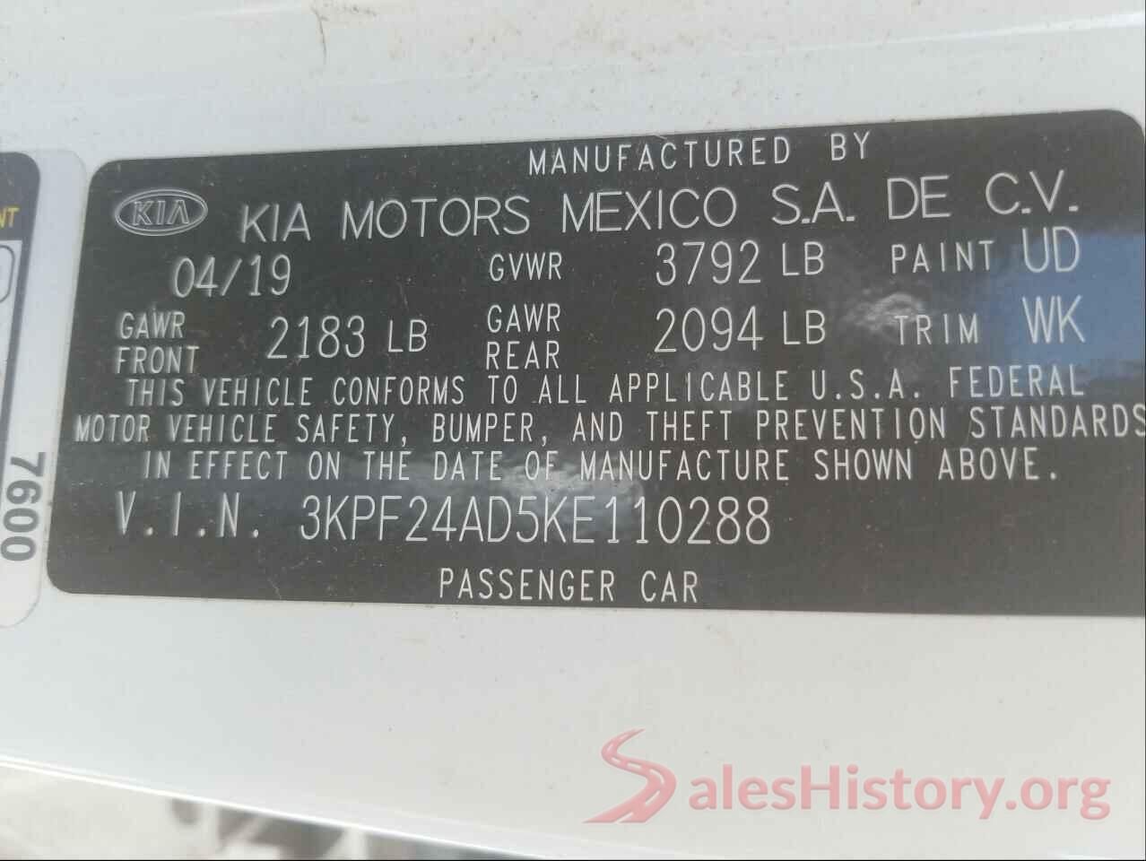 3KPF24AD5KE110288 2019 KIA FORTE