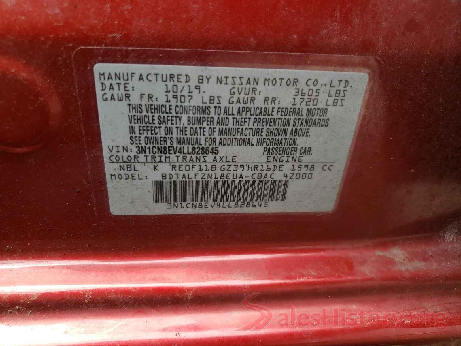 3N1CN8EV4LL828645 2020 NISSAN VERSA