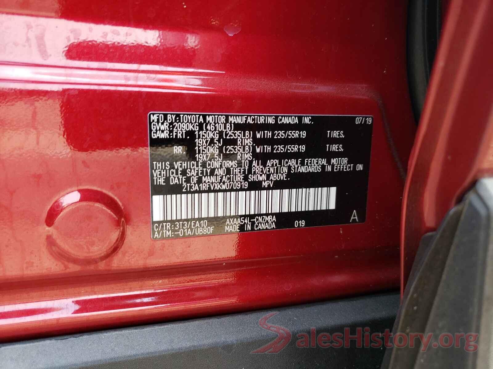 2T3A1RFVXKW070919 2019 TOYOTA RAV4