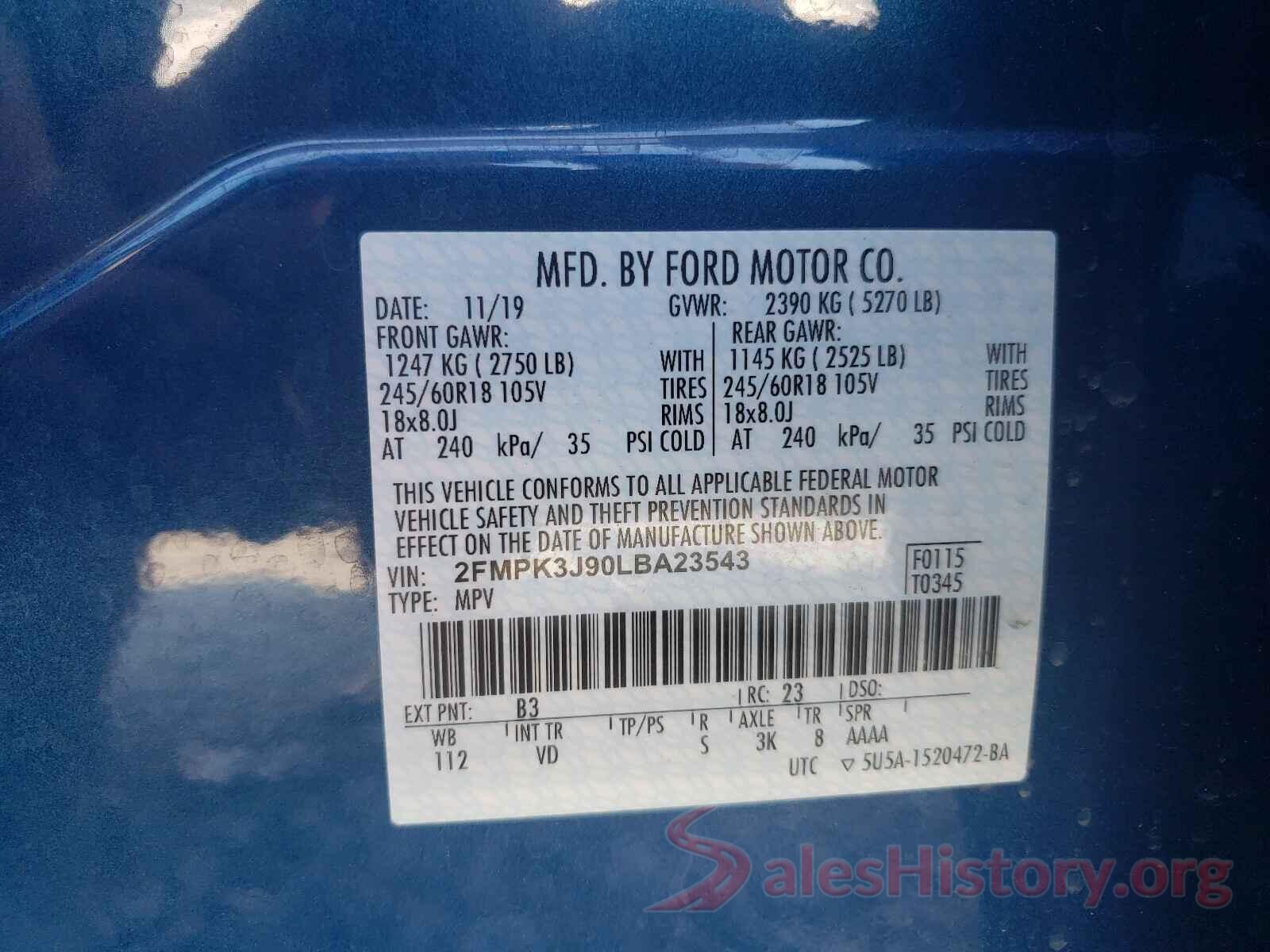 2FMPK3J90LBA23543 2020 FORD EDGE