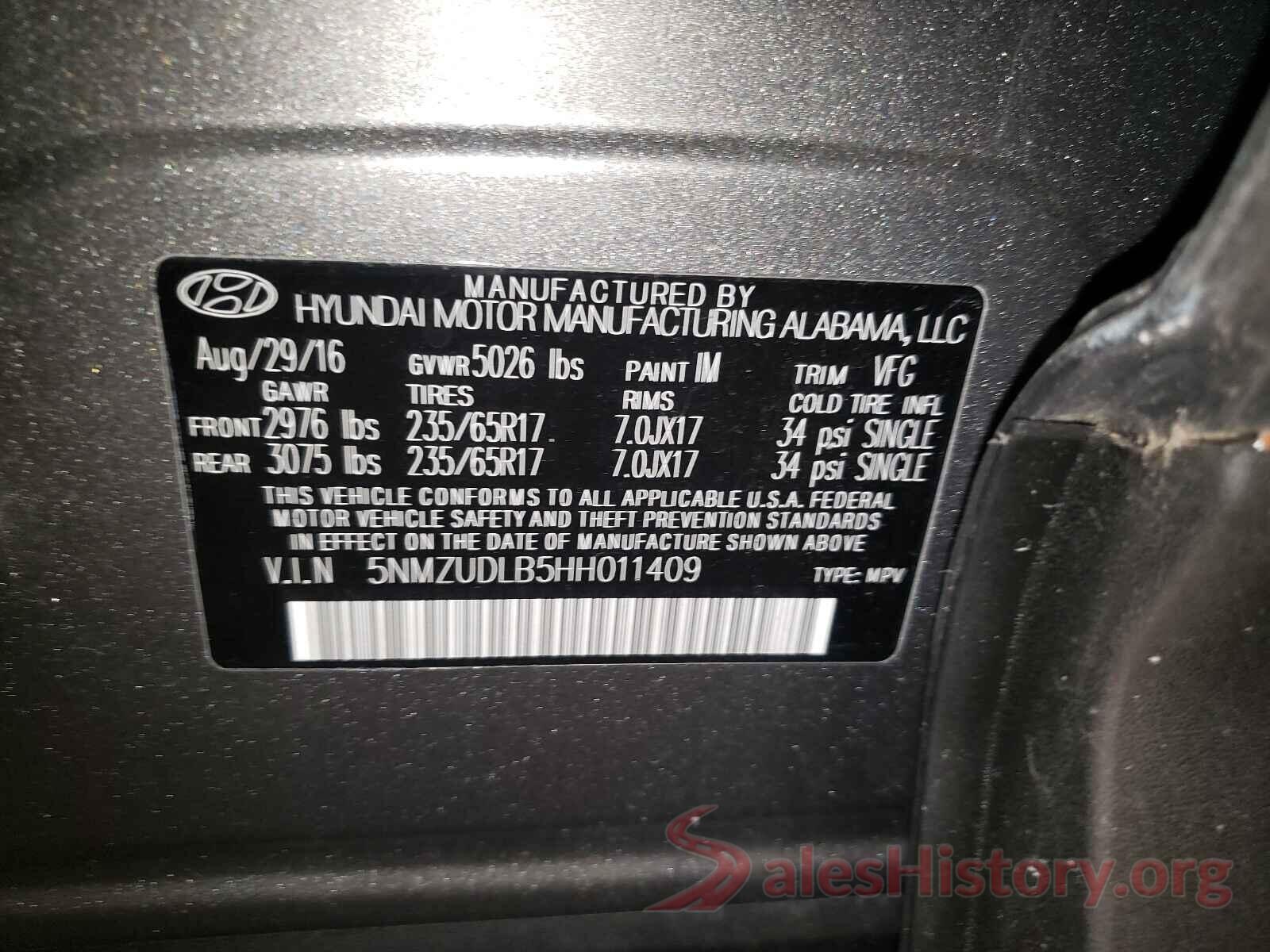 5NMZUDLB5HH011409 2017 HYUNDAI SANTA FE