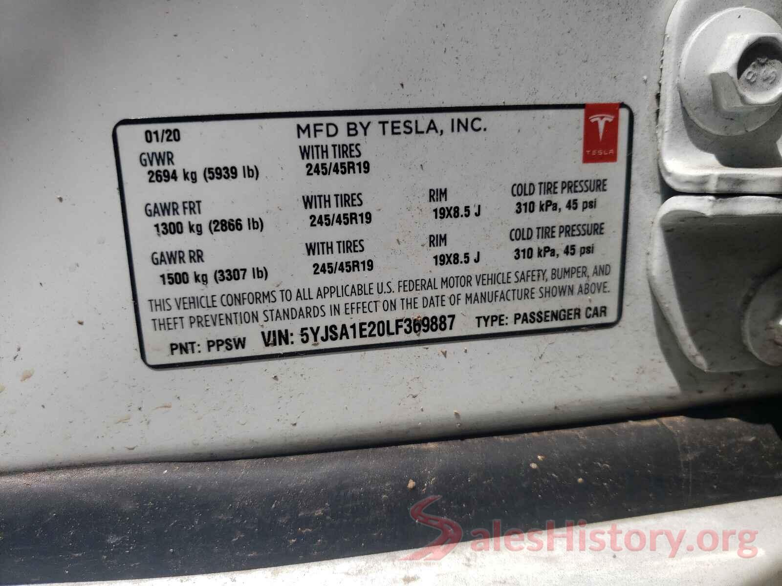 5YJSA1E20LF369887 2020 TESLA MODEL S