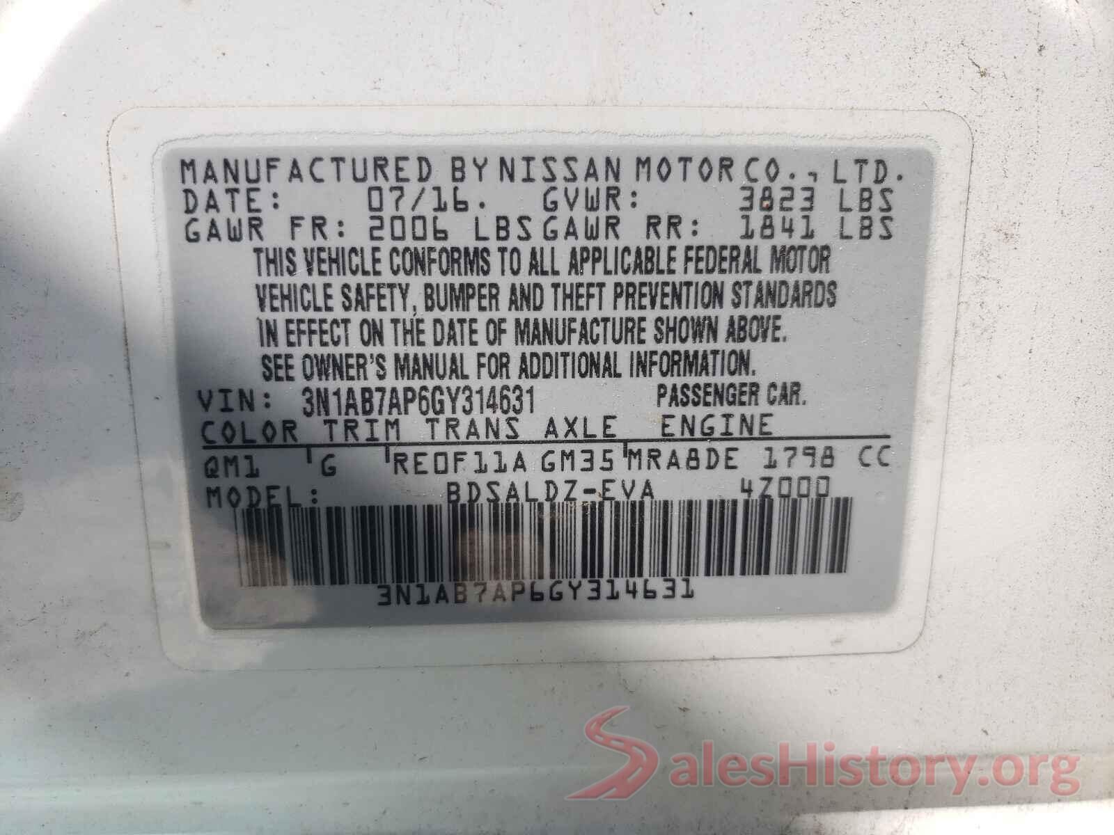 3N1AB7AP6GY314631 2016 NISSAN SENTRA