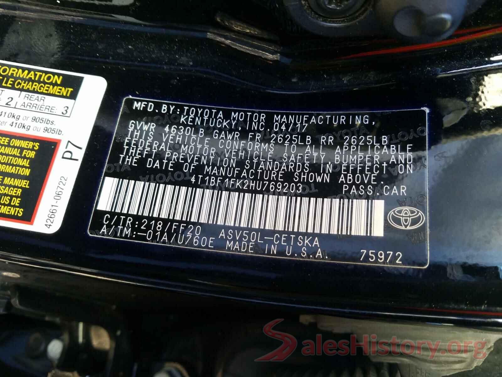 4T1BF1FK2HU769203 2017 TOYOTA CAMRY