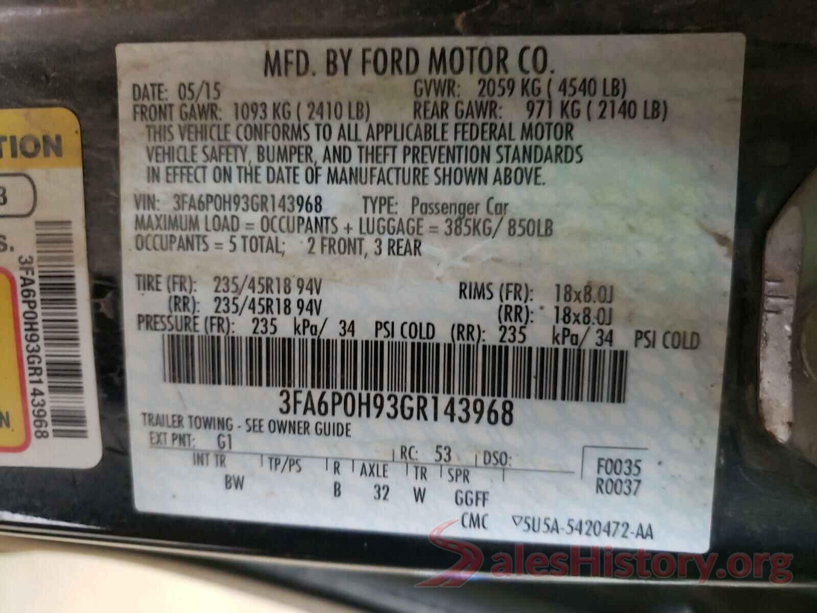 3FA6P0H93GR143968 2016 FORD FUSION