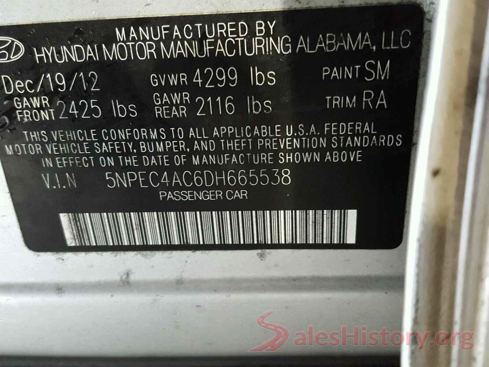 5NPEC4AC6DH665538 2013 HYUNDAI SONATA