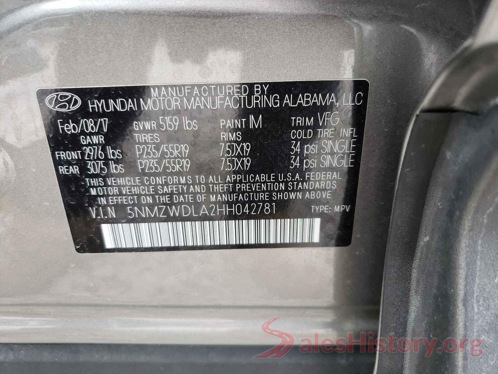 5NMZWDLA2HH042781 2017 HYUNDAI SANTA FE