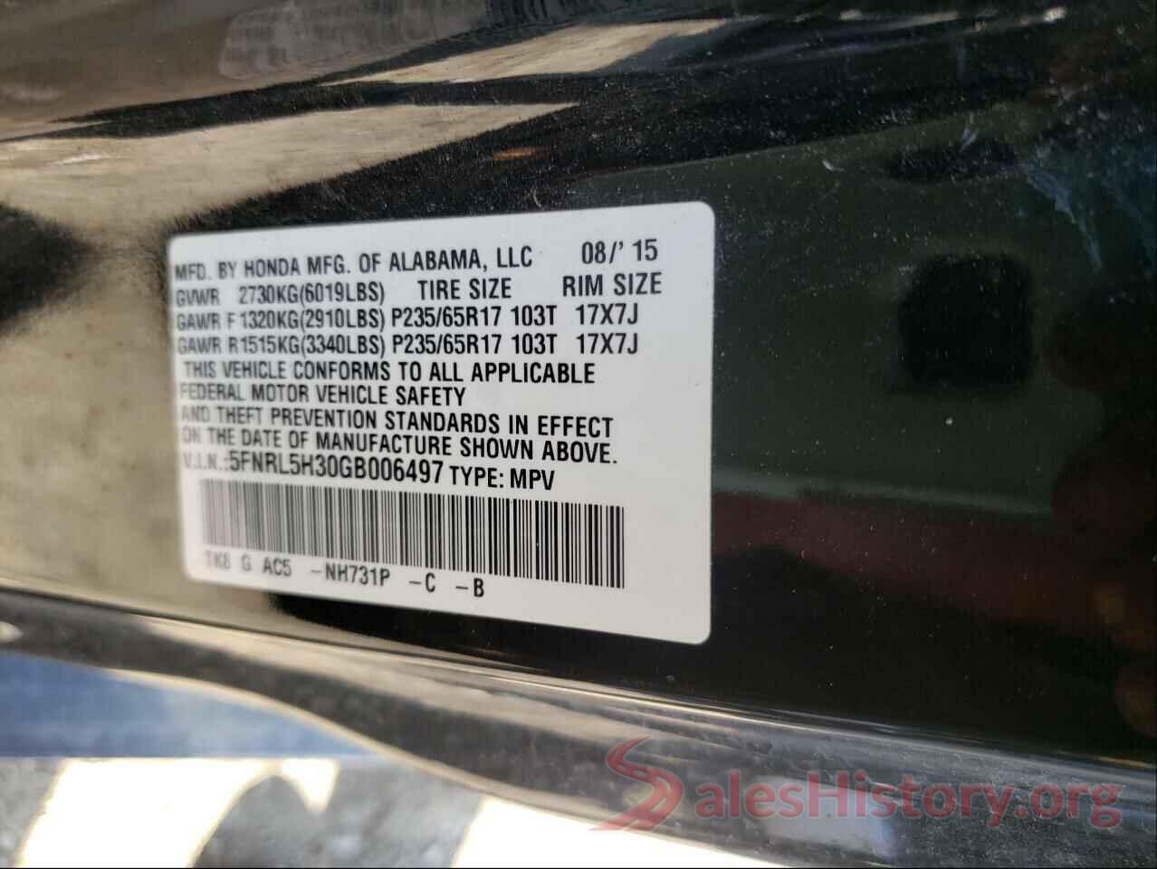 5FNRL5H30GB006497 2016 HONDA ODYSSEY