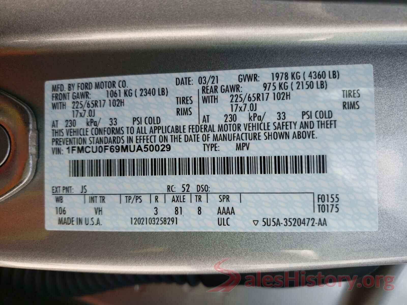 1FMCU0F69MUA50029 2021 FORD ESCAPE