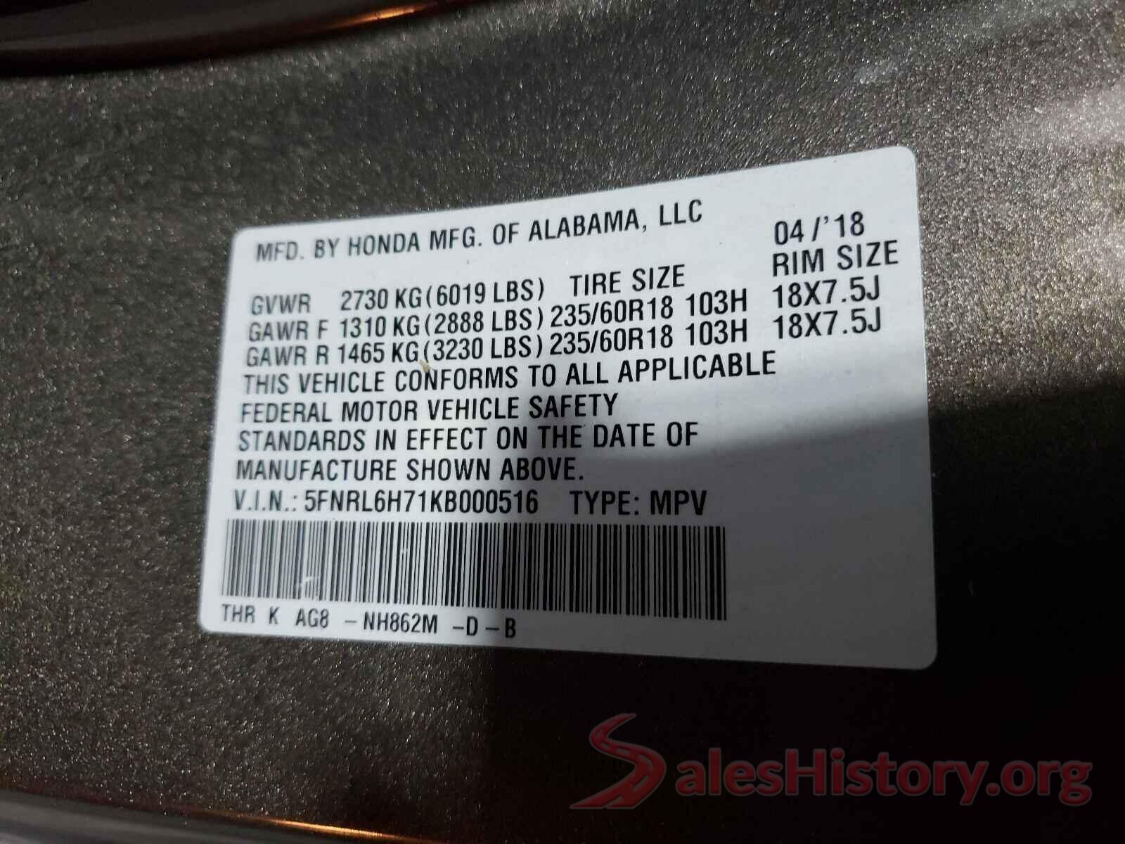 5FNRL6H71KB000516 2019 HONDA ODYSSEY