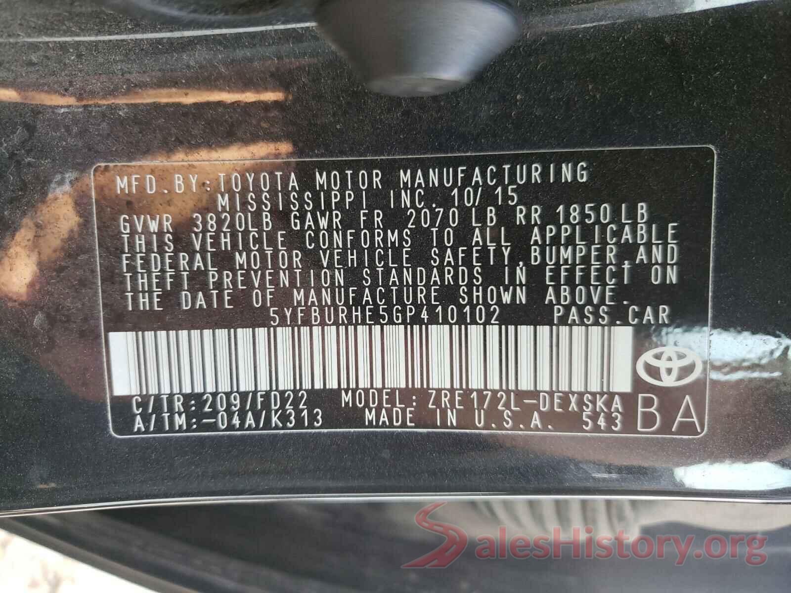 5YFBURHE5GP410102 2016 TOYOTA COROLLA