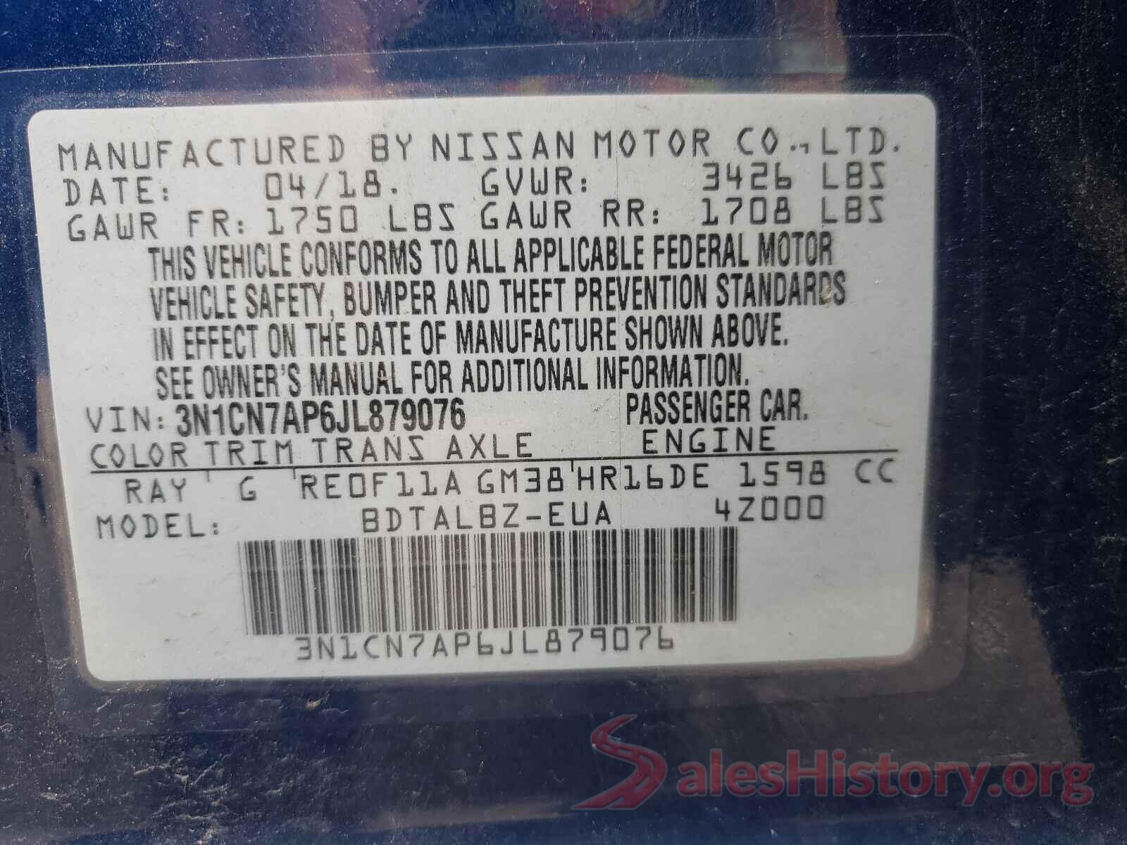 3N1CN7AP6JL879076 2018 NISSAN VERSA