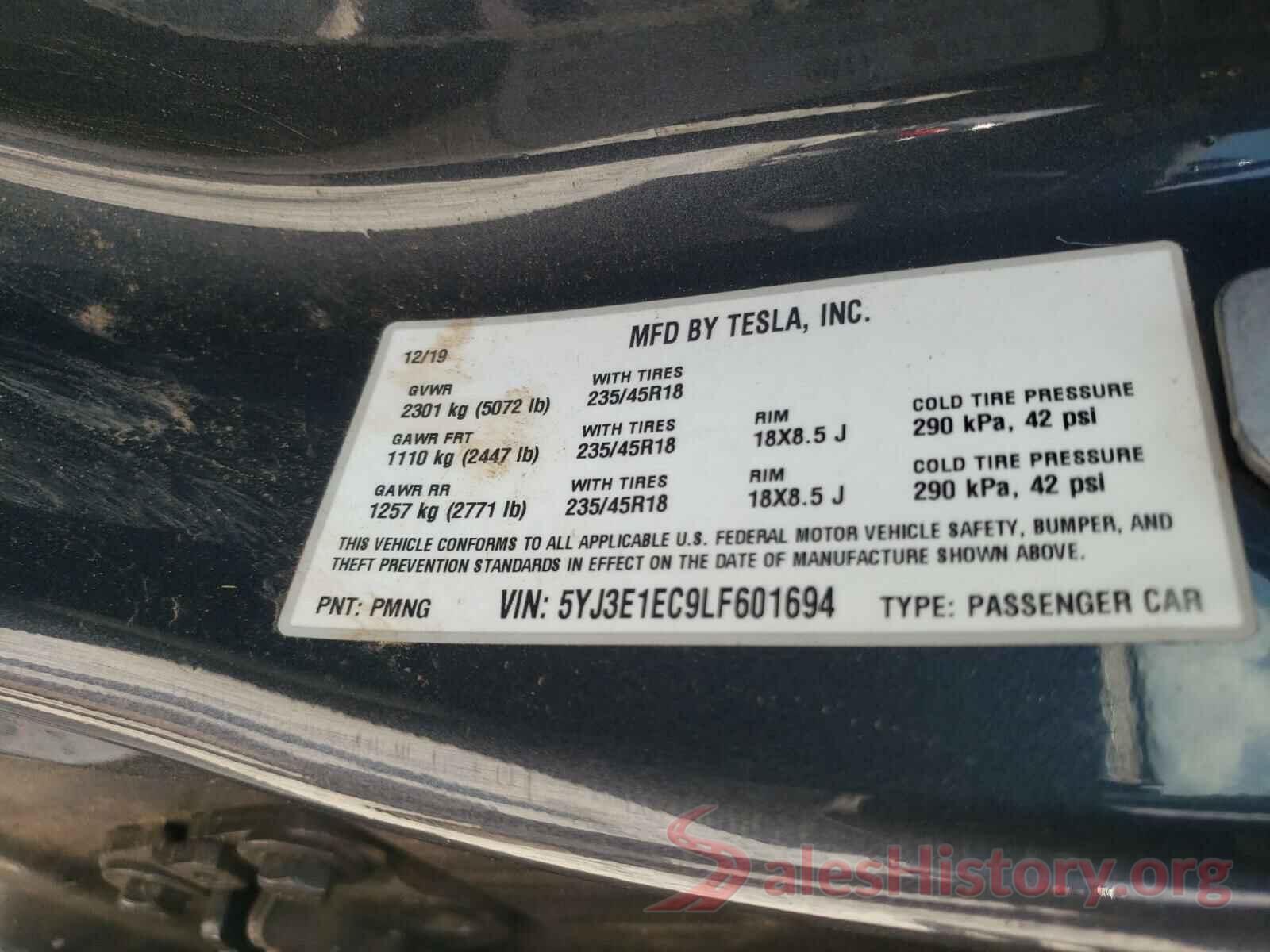 5YJ3E1EC9LF601694 2020 TESLA MODEL 3